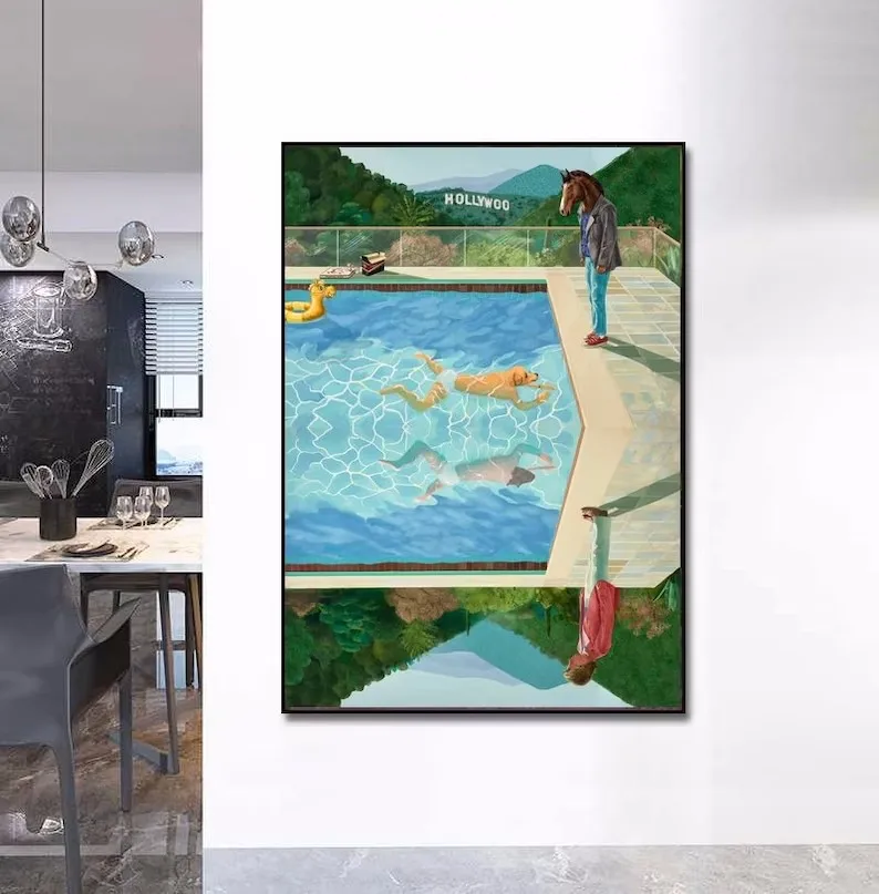 Funny Horseman Bojack David Hockney Swimming Pool Oil Painting Canvas Modern Wall Art Pictures Living Room Home Decor