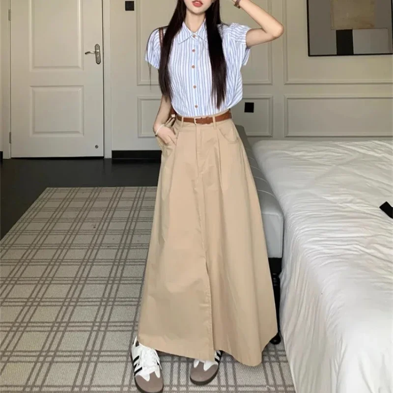 Fashion 2 Piece Sets Women Basic Striped Flying Sleeve Shirt and Khaki Skirt Summer Outfits 2024 New Sweet Two Pieces Skirt Suit