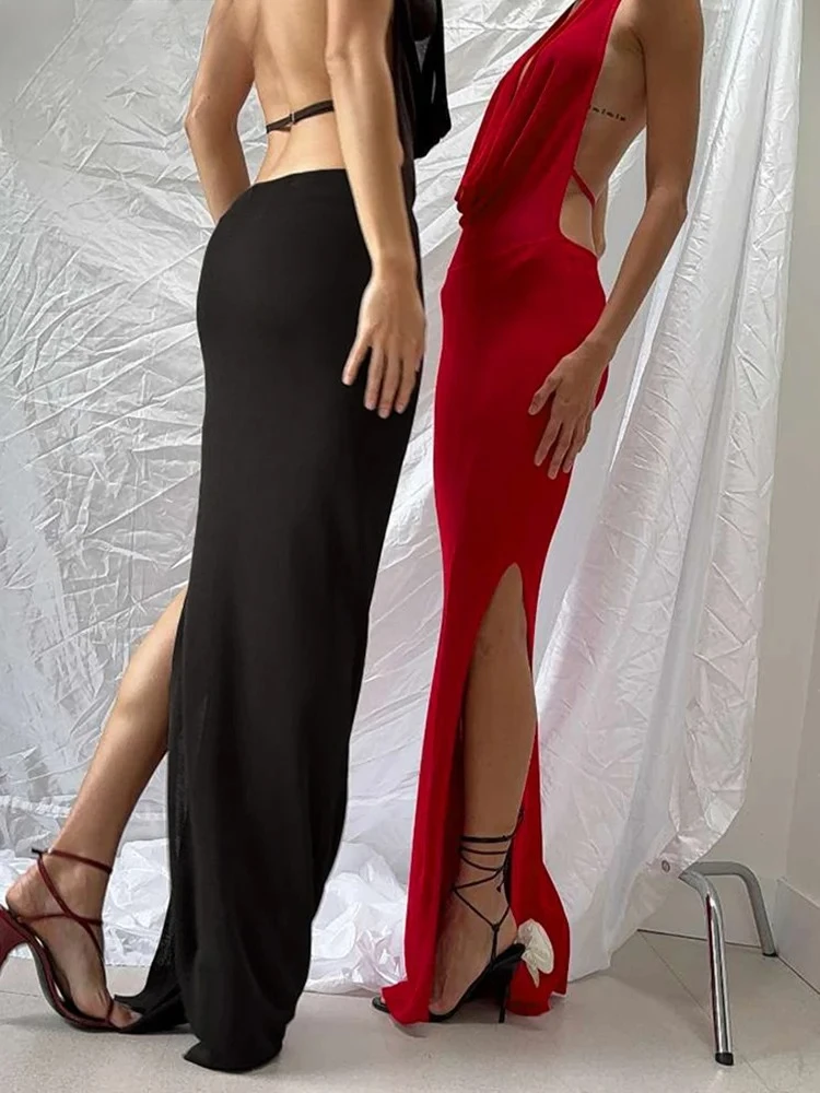 Vestido Halter hueco para mujer, cuello bajo, espalda descubierta, Sexy, sin mangas, aberturas, tendencia, banquete de medianoche, ceñido largo coqueteo