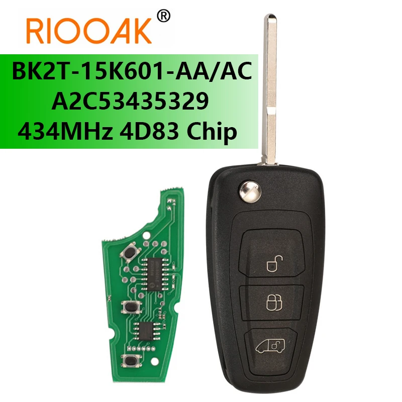 

BK2T-15K601-AA/AC 3 Buttons 434MHz ASK 4D83 Chip A2C53435329 Car Key Remote Flip Key Fob Aftermarket for Ford Tourneo Transit