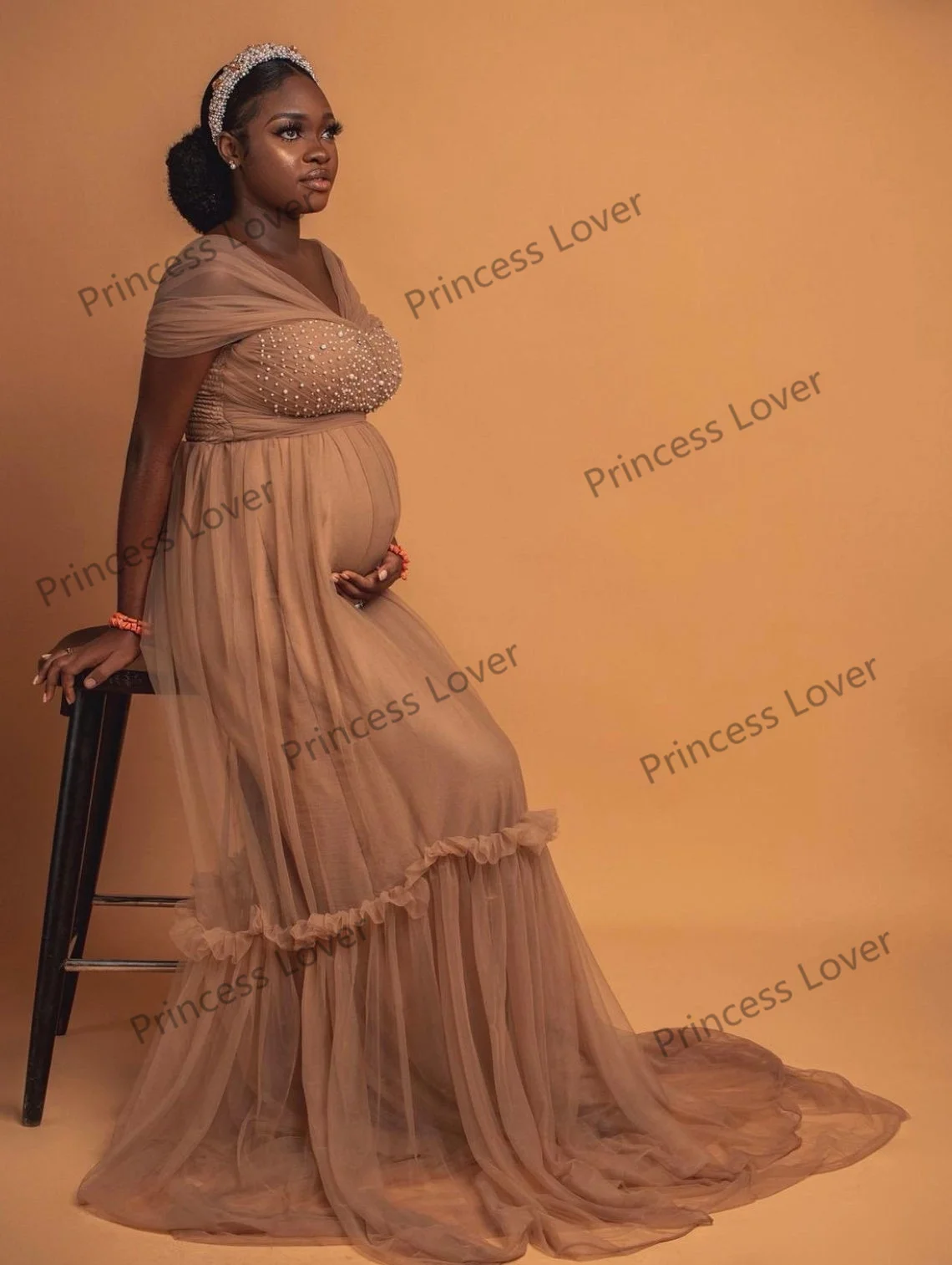 African Maternity Tulle Gown for Baby Shower Prom Dresses with Beads Sheer Maxi Dress Photo Shoot Robes