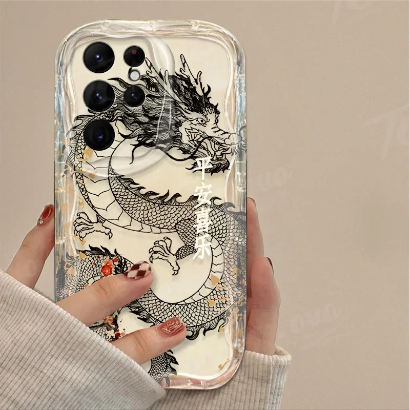 Clear Soft Silicone Phone Case For Samsung Galaxy S24 Ultra S23 S22 Plus S21 S20 FE A25 A55 A35 5g Chinese Dragon Wave Cover