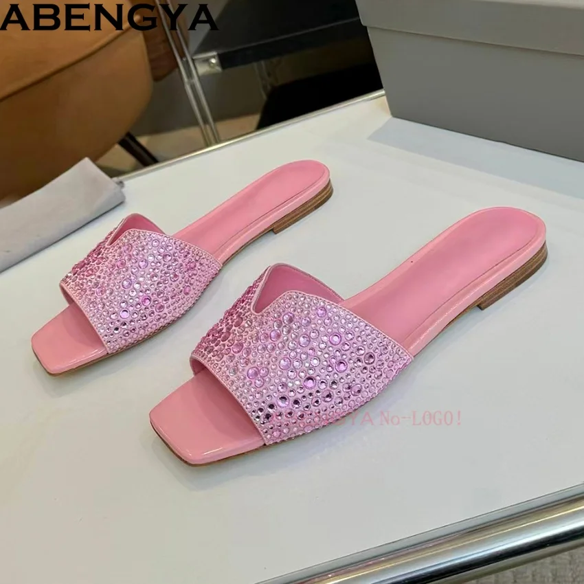 

Luxury Crystal Flat Slippers Woman Summer Shoes Square Toe Slides Leather Flat Slippers Holiday Beach Slippers Women Sandals