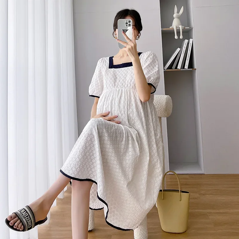 Summer New Maternity Lace Dress French Style Assorted Square Collar Embroidery 2022 Mid-length Plus Size Pregnancy Skirt Casual