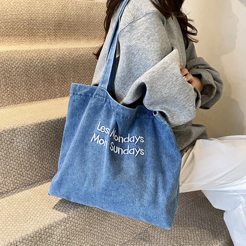 

Casual Large Capacity Women's Denim Shoulder Bags Commuter Literary Ladies Shopping Bag Retro Letter Female Tote Handbags
