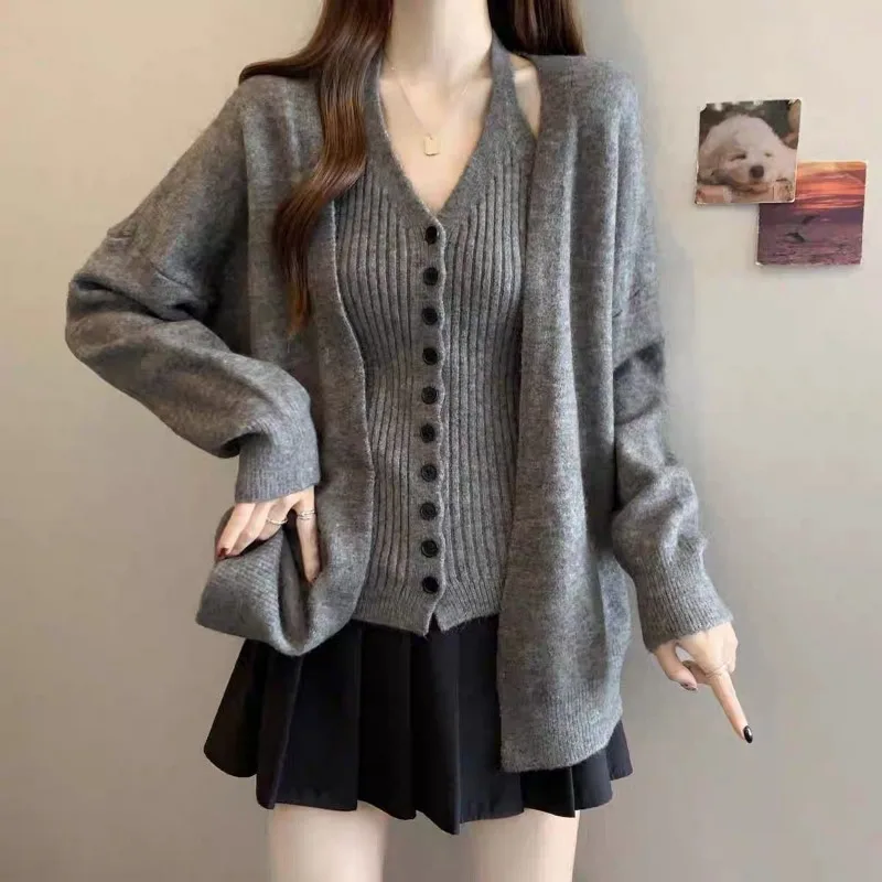 Giacca maglione allentata ispessita stile pigro Canotta lavorata a maglia autunno e inverno da donna Top in due pezzi