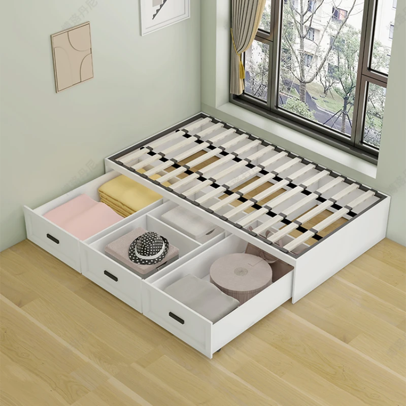 Customized headless tatami bed, modern,universal wheels, long drawers, storage, small unit size, high box, single bed