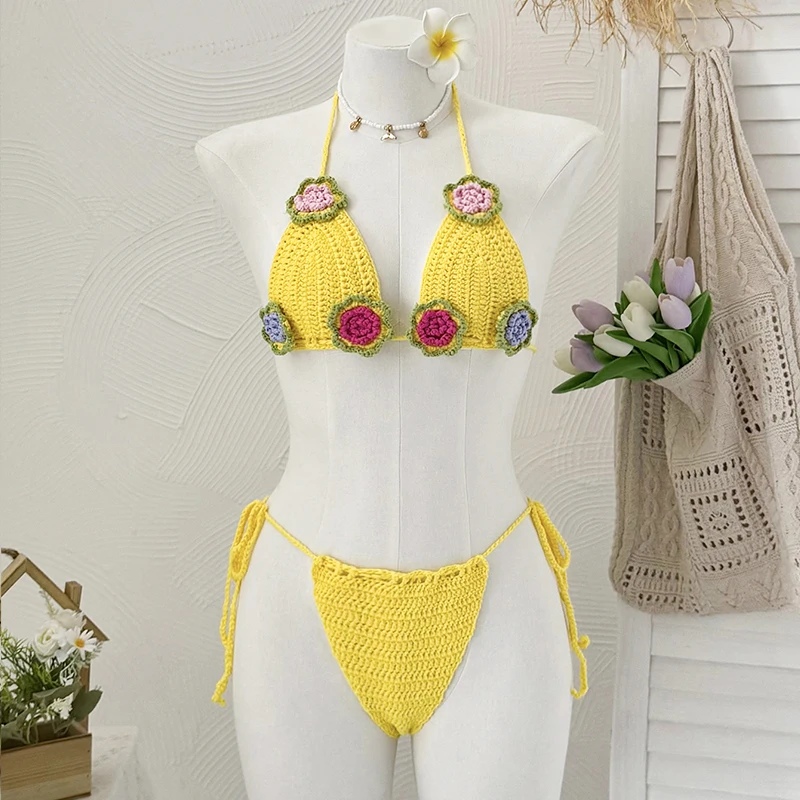 Two-piece hand-knitted three-dimensional flower Women Sexy Bikini Set Cover Up Binding Rope  Swimsuit Summer Holiday Beach Wear