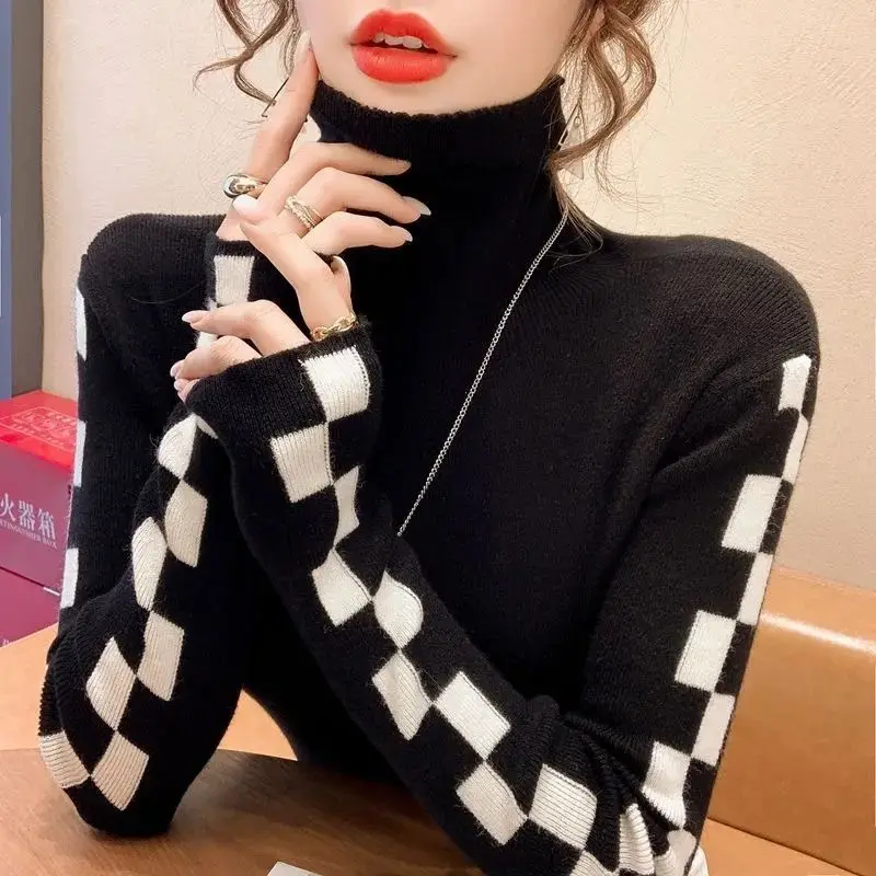 Female Pullover White Splicing Plaid Knitted Sweaters for Women Turtleneck Korean Fashion New Knitwear Original Hot Sale Winter