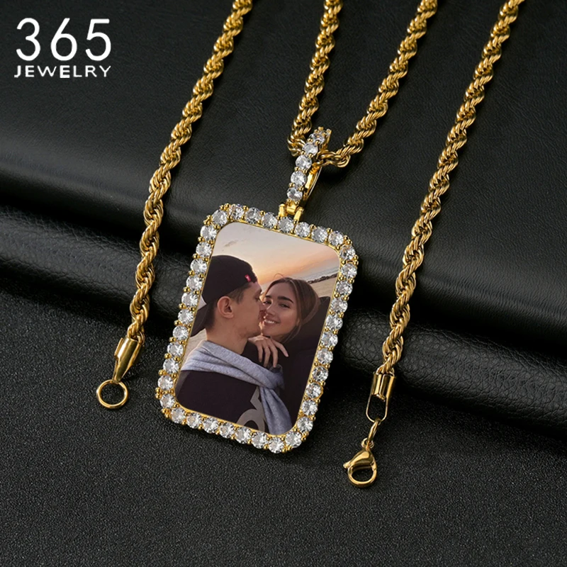 

Personalized Customize Photo Square Oval With Zircon Pendant Necklaces Rope Chain Hip Hop Custom Picture Jewelry Women Girl Gift