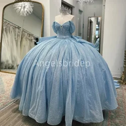 Angelsbride Light Blue Beading Glitter Tulle Quinnceanera Dress Ball Gown 2025 Brithday Party Vestidos De 15 Años Quinceañeras