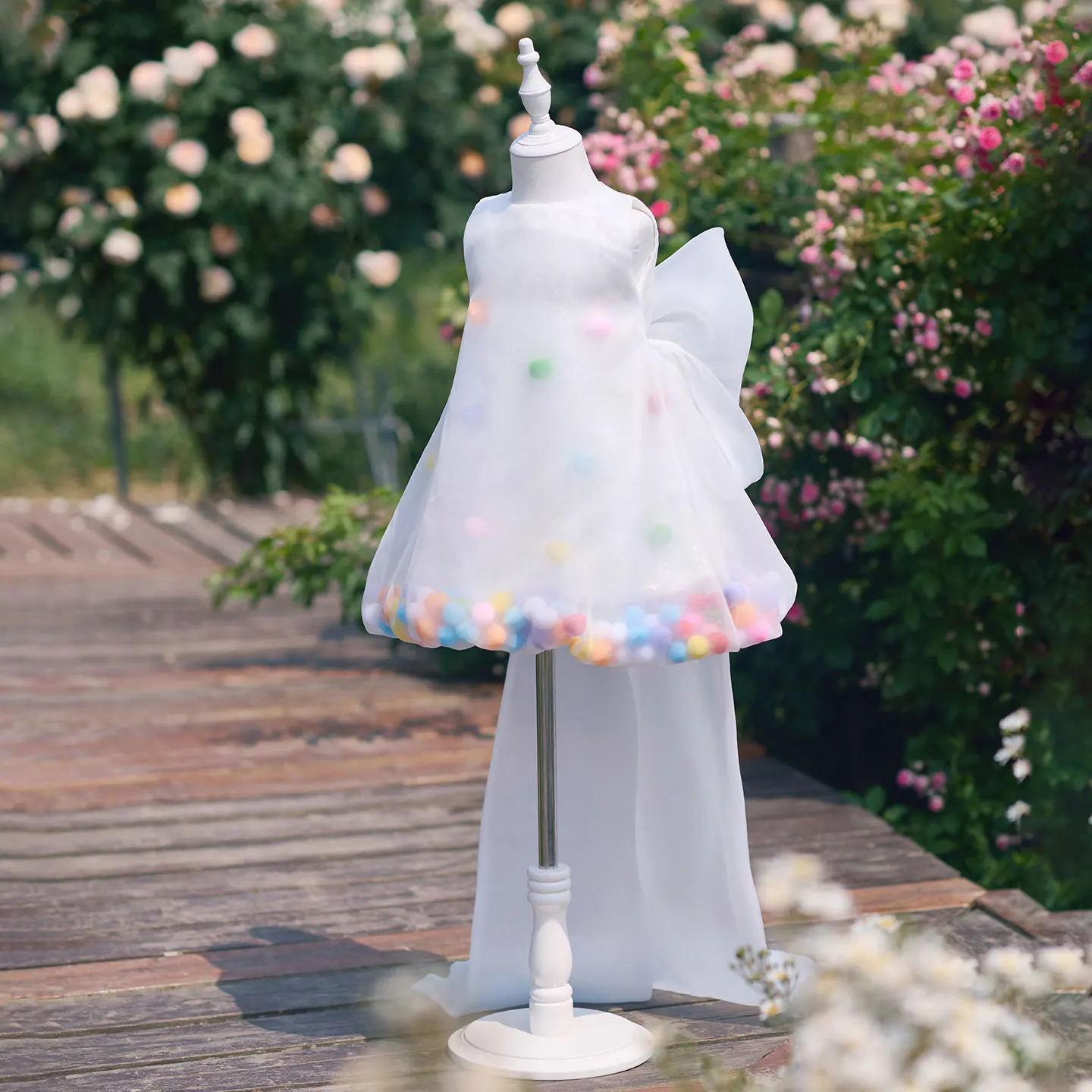 Jill Wish J913 Luxury White Flower Girl Dress with Colorful Pom Pom Hem and Oversized Back Bow Train for Birthday Party Wedding