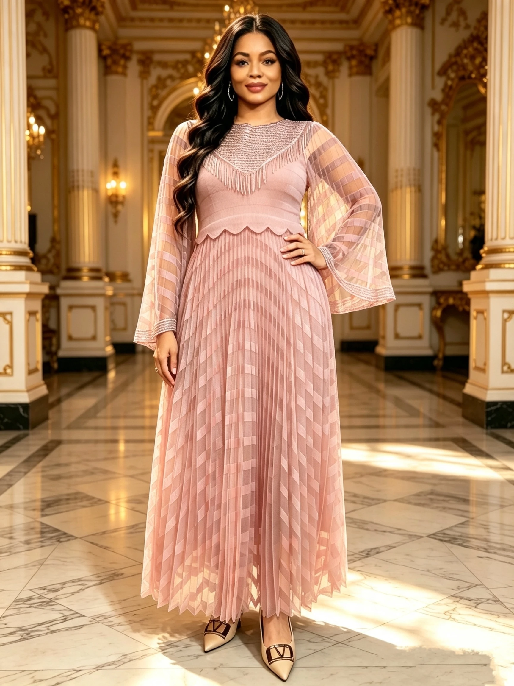 African Women's Plus-Size Pleated Long Dress with Tassel Collar, Bell Sleeves, Sheer Mesh, Elegant Evening Party, Wedding, Church, Formal Long Dress, Luxurious Curve-Hugging Gown for Women