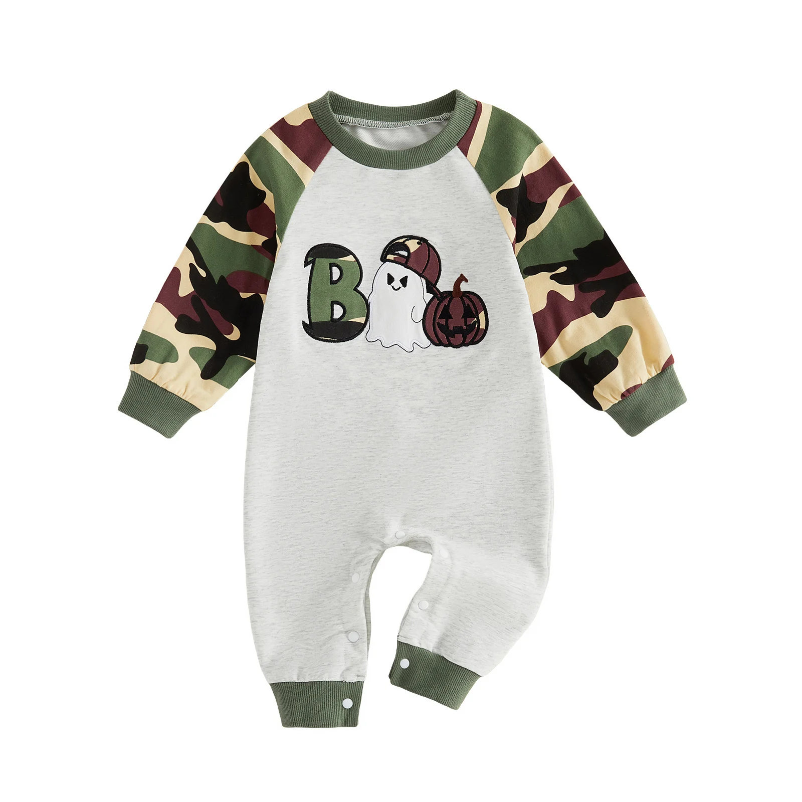 

Baby Boys Halloween Romper Adorable Ghost Letter Embroidery Long Sleeve Camo Patchwork Jumpsuit