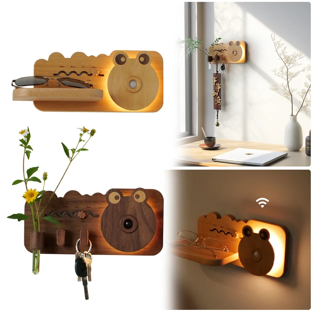 Cartoon Wall Lamp LED Smart Human Body Sensor Night Light Magnetic Wood Cute Frog Wall Lamp w Storage Hook Tray Birthday Gifts