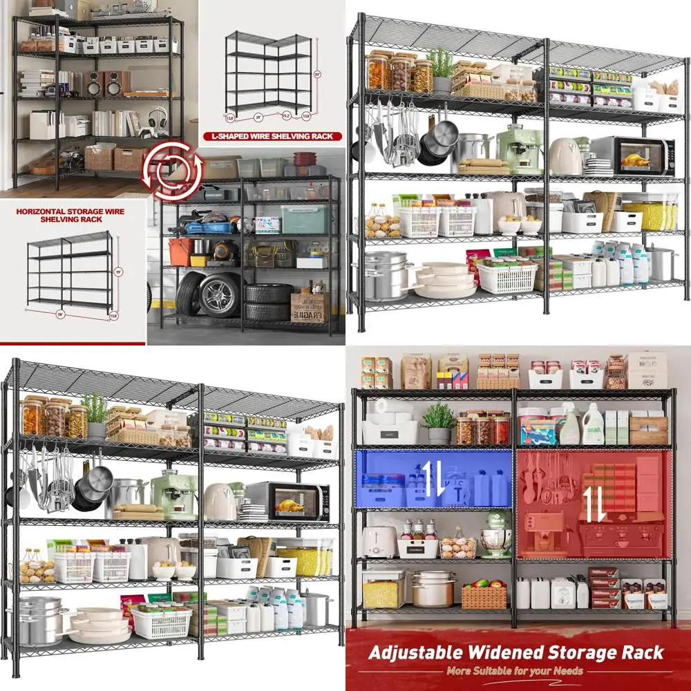 

5-ярусная металлическая стеллажная система для хранения, грузоподъемность 1450 фунтов, ширина 58,1 дюйма, регулируемые проволочные полки для кладовой и гаража, черная