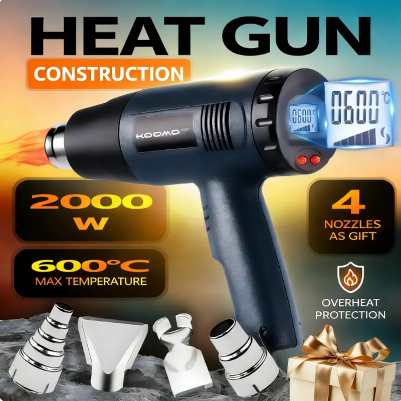 Construction Heat Gun / Industrial Heat Gun / Stepless Thermostat / 2000W / Manual Adjustment, 4 Nozzles with Display. 2kW.