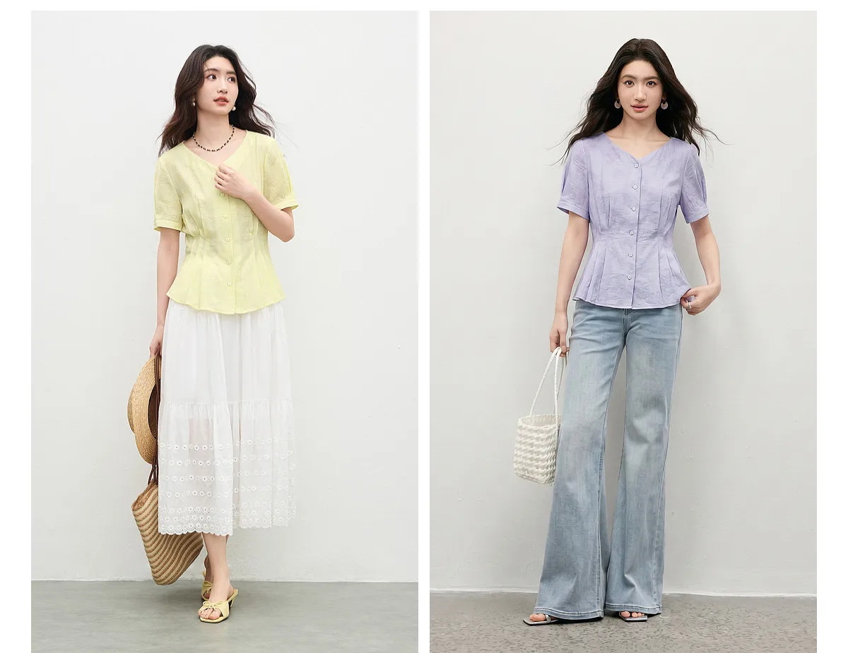 SENTUBILA Casual V-Ausschnitt Strukturierte Chiffon-Bluse für Damen 2026 Sommer Plissierte Taille Laternenärmel Hemd 162VA6625 – Detail 12