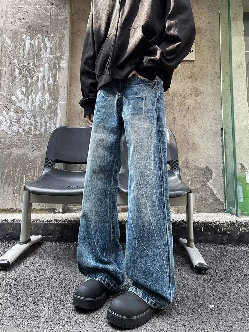 Cleanfit 2025 New American High Street Washed Denim Jeans Men's Straight Leg Micro Flare Pants Lightning Crack Pattern