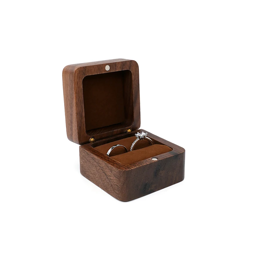 

Vintage American Black Walnut Solid Wood Jewelry Box Chinese Style Portable Wooden Ring Box Square Ring