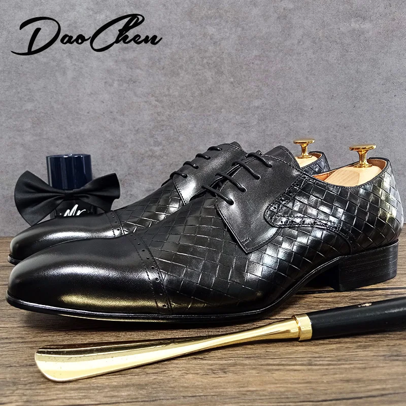 

Luxury Men Shoes Lace Up Pointed Toe Black Brown Plait Formal Derby Mens Office Business Wedding Dress Leather Shoes Men