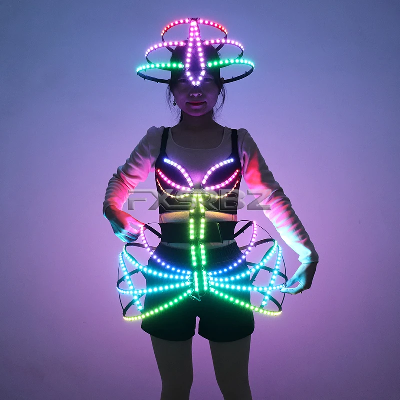 Pixel Smart LED-kooi kostuum sexy meisje oplichten balletjurk feestdansen gloeiende tutu beha lood danser lichtgevende kledingpakken