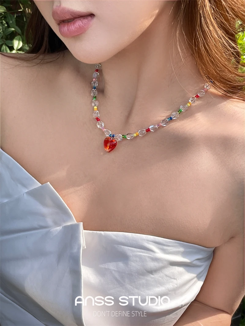 

【ANSS】Coloured Glaze Bead dopamine Heart haped Pendant Necklace Y2K For Women Collarbone Chain Summer Hawaii Beach