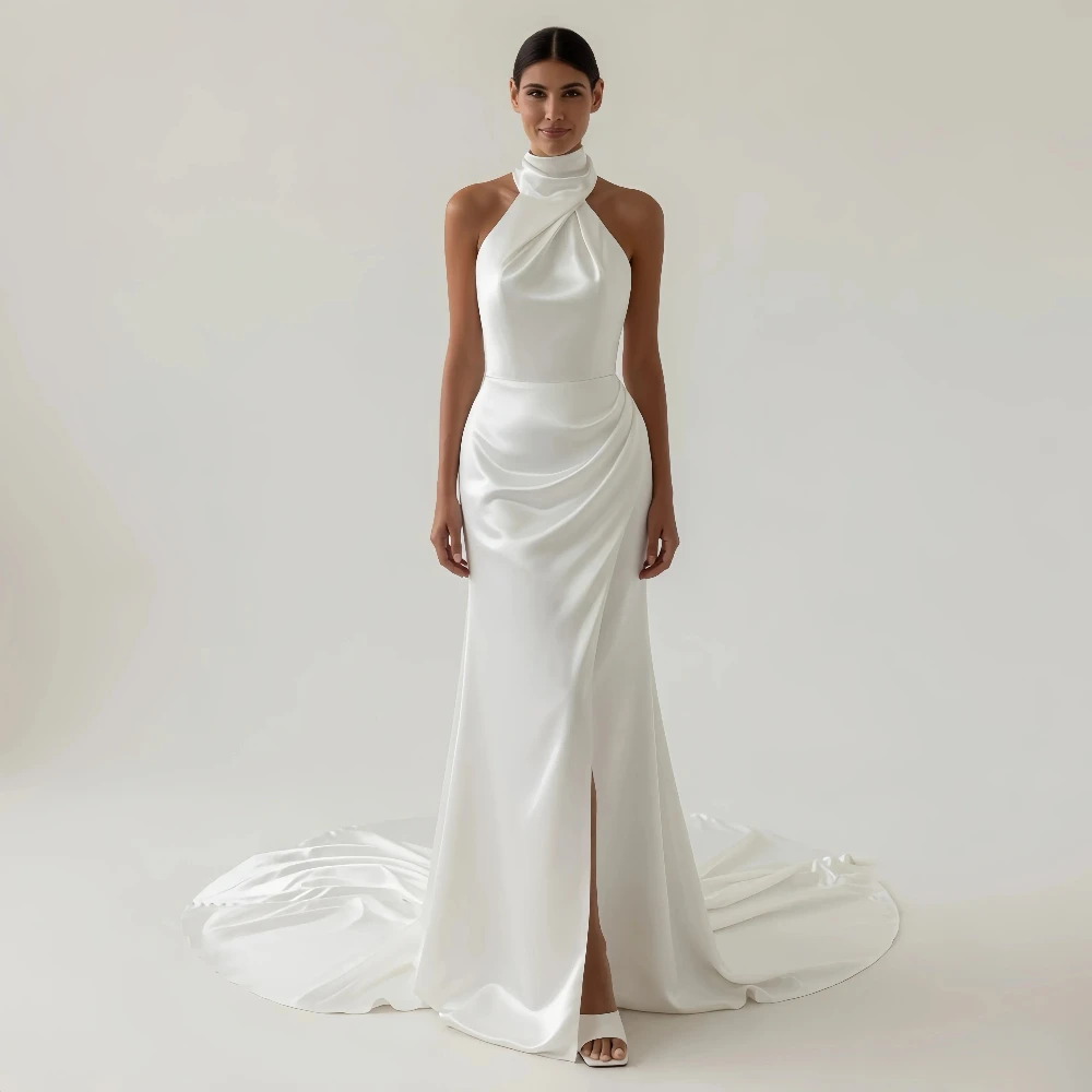 Customized Minimalist Satin Wedding Dress Halter Neck Sleeveless Open Back Mermaid Bridal Gown Floor-Length Wedding Dress