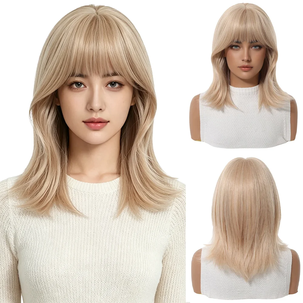 Platinum Blonde Layered Wig With Fringe Medium Bob Wig Straight Wavy Heat Resistant Synthetic Hair For Women Party Cosplay Daily