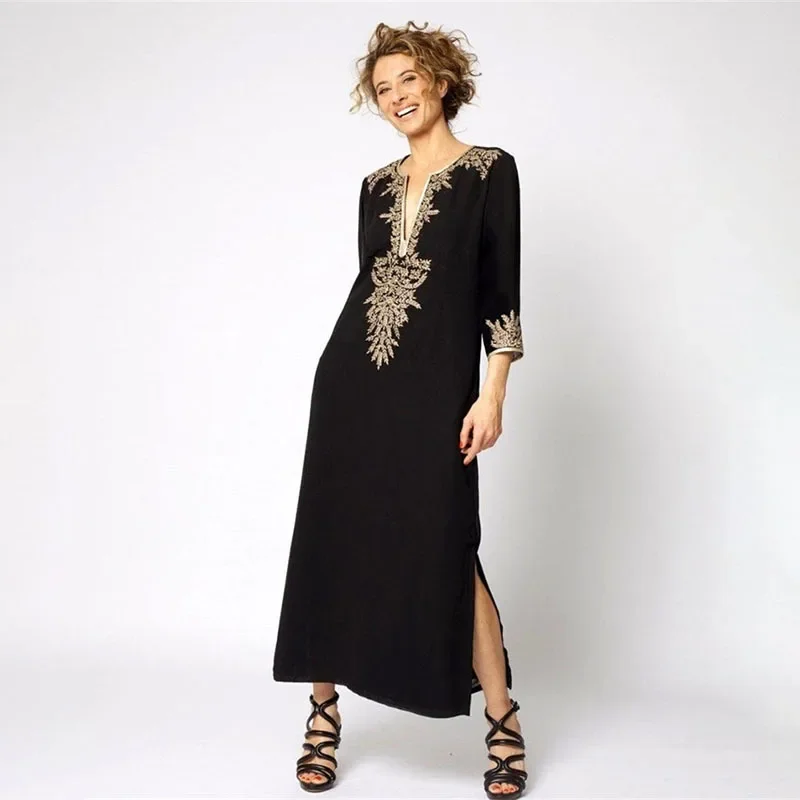 

2024 Boho Embroidery V Neck Bikini Cover-ups Summer Autumn Loose Kaftan Dress Women Plus Size Beachwear Swimsuit Cover Up Plage