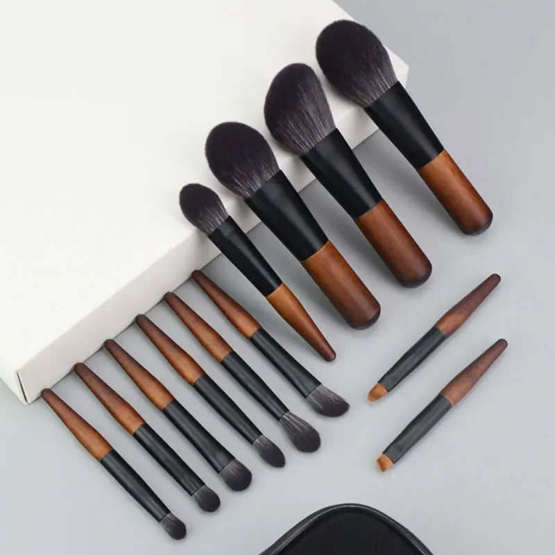 12 PCS Makeup Brushes Set Wood Animal Hair Cosmetic tool Bag Eyeshadow Foundation Blush Beauty Soft Professional Complete kit