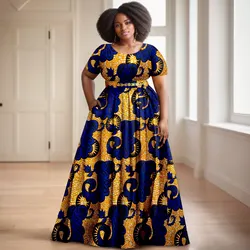 Afripride African Women's Dresses Ankara Batik Short Sleeve Gold Stamped Belt Accessory Dress 2425127
