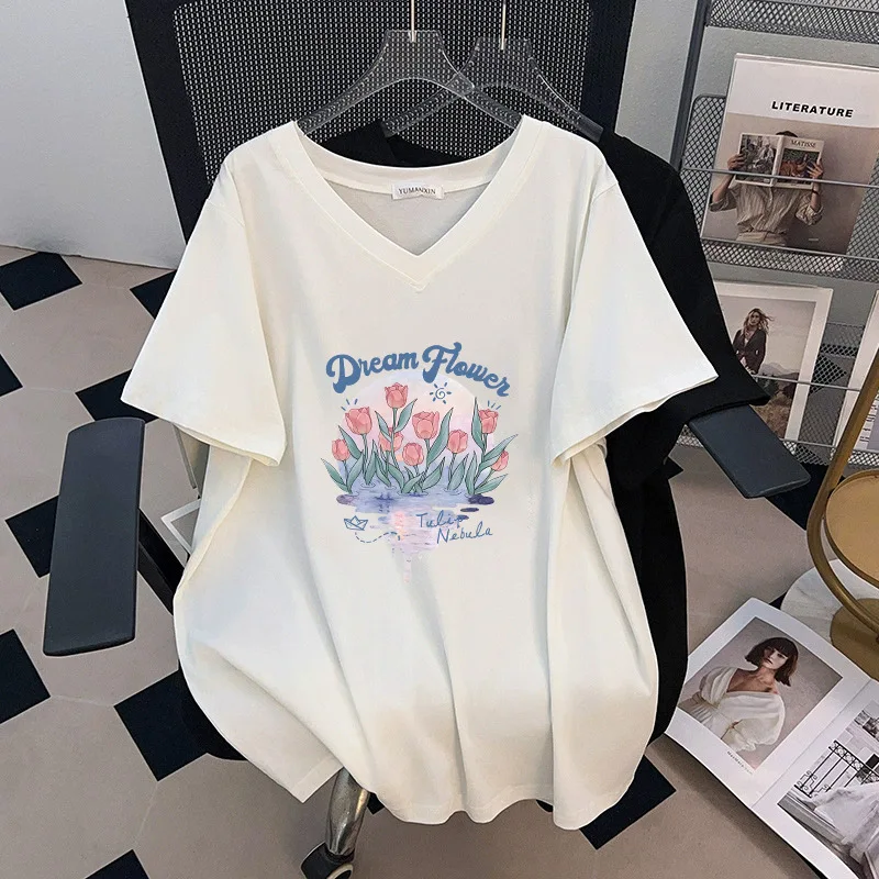 

170Kg Plus Size Women's Bust 170 Summer Loose Medium Long Short Sleeve V-Neck Printed T-Shirt Black White 5XL 6XL 7XL 8XL 9XL