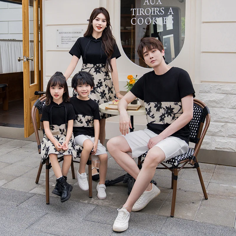 2024 parent-child pairs of summer men's short-sleeved T-shirt + shorts 2-piece set, and women's dress Chinese style retro dress