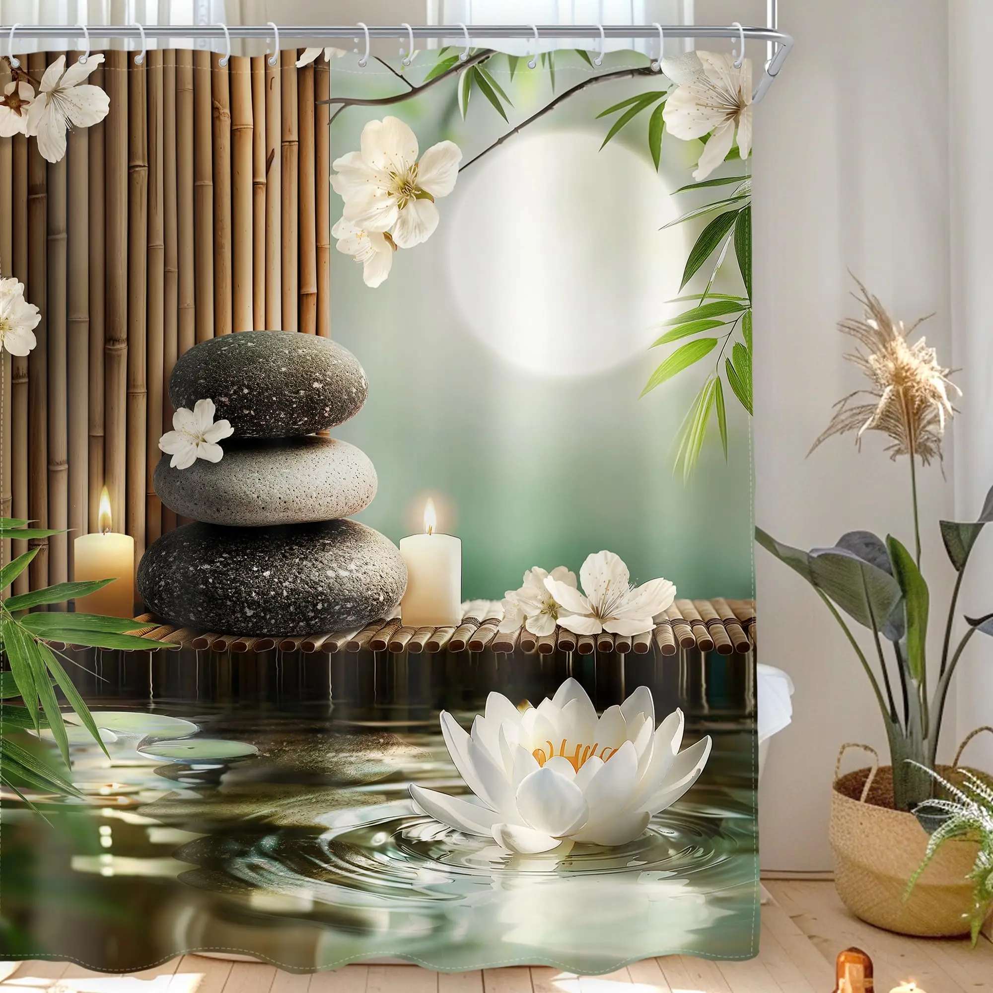 

Занавеска для душа Zen Stone для медитации, зеленая бамбуковая орхидея, спа, расслабляющая тема, водонепроницаемая полиэфирная ткань для ванной комнаты