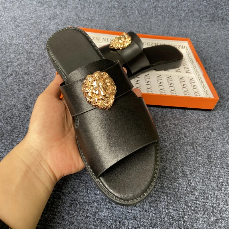 

original shoes brand leather slippers for man designer slides outdoor beach slippers shoes for man fashion chinelos black brown