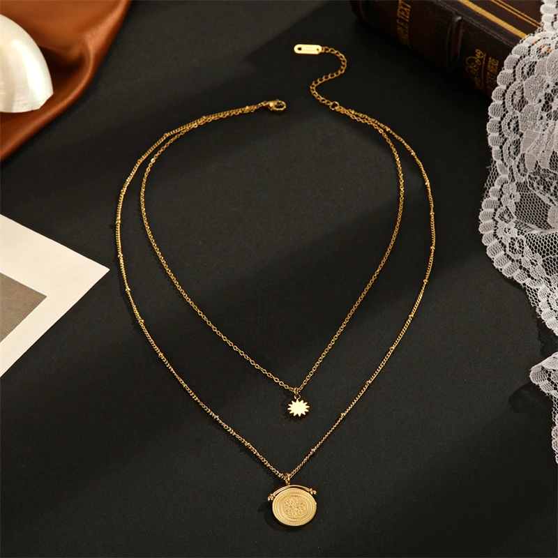 316L Stainless Steel New Fashion Upscale Jewelry 2 Layer Sunflower Beaded Charm Chain Choker Necklaces Pendants For Women