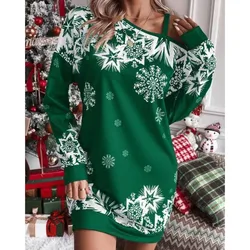 Sexy Off Shoulder Loose Pullover Dress 2024 Christmas Snowflake Print Long Sleeve Diagonal Shoulder Autumn Dress For Women Robe