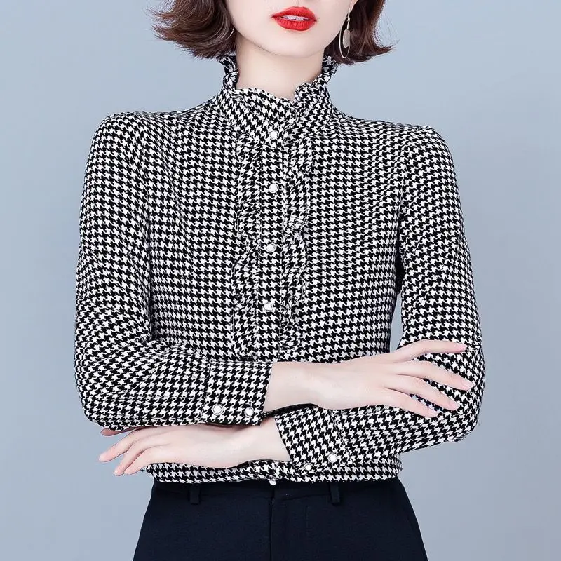 

2023 New Autumn and Winter Fashion High Neck Western Plaid Long Sleeve Temperament Commuter Ruffle Edge Slim Fit Women's Top