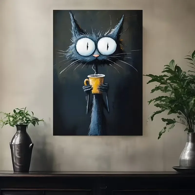 Multiple sizes 1pc frameless Canvas Painting,Black Cat with Big Eyes Holding Yellow Coffee Cup Poster and Prints Canvas Painting