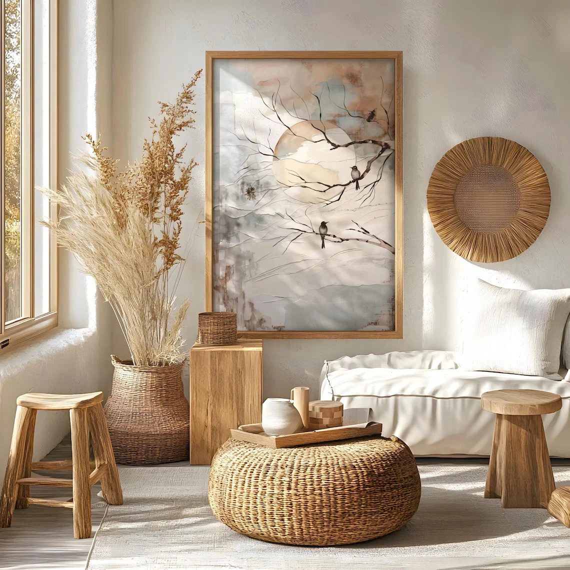 Serene Mixed-Media Nature Wall Print Decor - Textured Collage-Style Painting of a Glowing Sun/Moon Behind Bare Tree Branches, Wi view 2