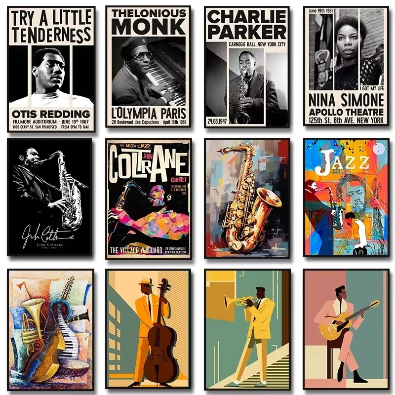 Música de Jazz, saxofón, guitarra, violonchelo, John Coltrane, Nina Simone, póster artístico, lienzo, pintura, impresiones de pared, imagen para habitación, decoración del hogar