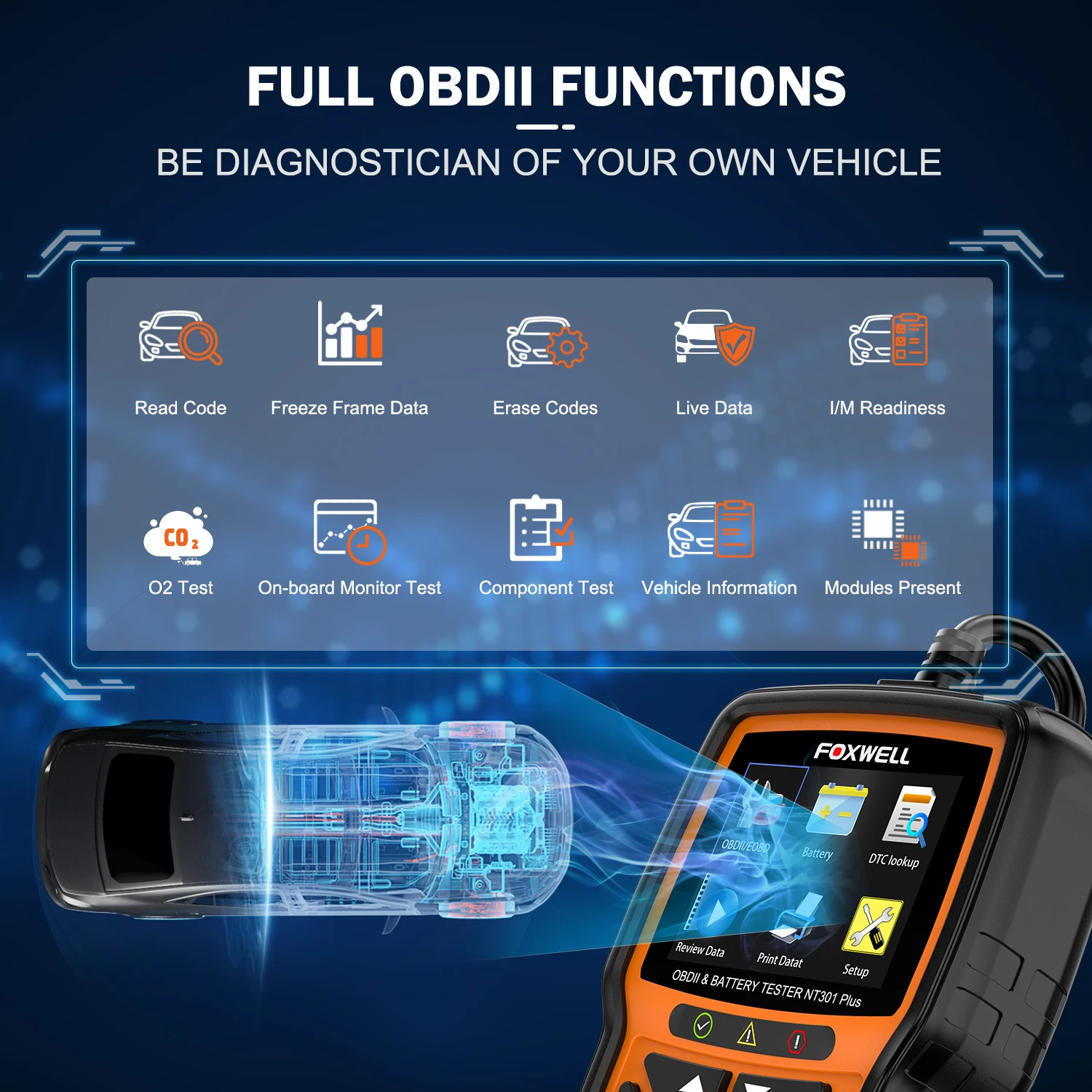 FOXWELL NT301 Plus 2 في 1 obd2 الماسح الضوئي جهاز اختبار بطارية obdii أداة تشخيص تحقق محرك قارئ رمز السيارة 12 فولت 100-1100CCA كرنك