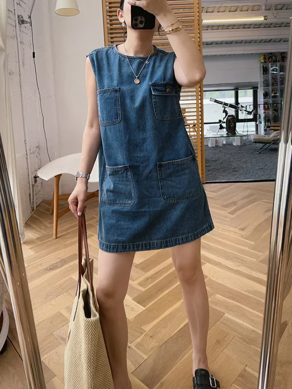 

plus Size Casual Denim Dress Women's Sleeveless Vest Dress Summer Mid-Length A-Line Skirt Style Comfortable Loose Fit Dress