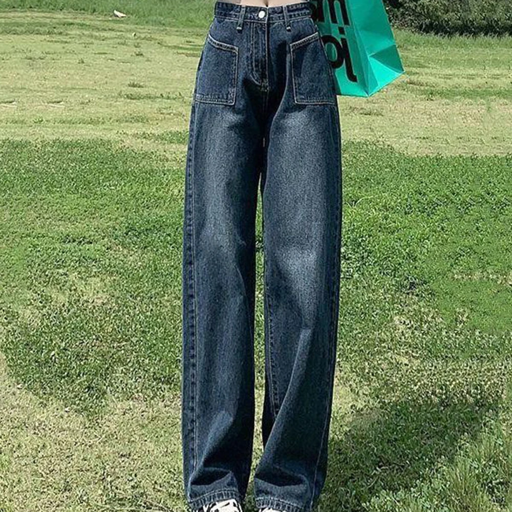 

Широкие джинсы в стиле ретро для женщин, весна-осень, тонкий стиль, высокая талия, тонкий вид, свободные прямые брюки, синие джинсовые полные брюки