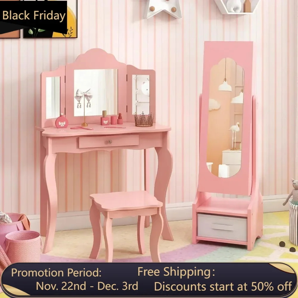 2 Piece Kids Vanity Set & Jewelry Armoire Cabinet, Table & Chair Set, Dress Up Jewelry Organizer Full-Length Mirror, Vanity Set