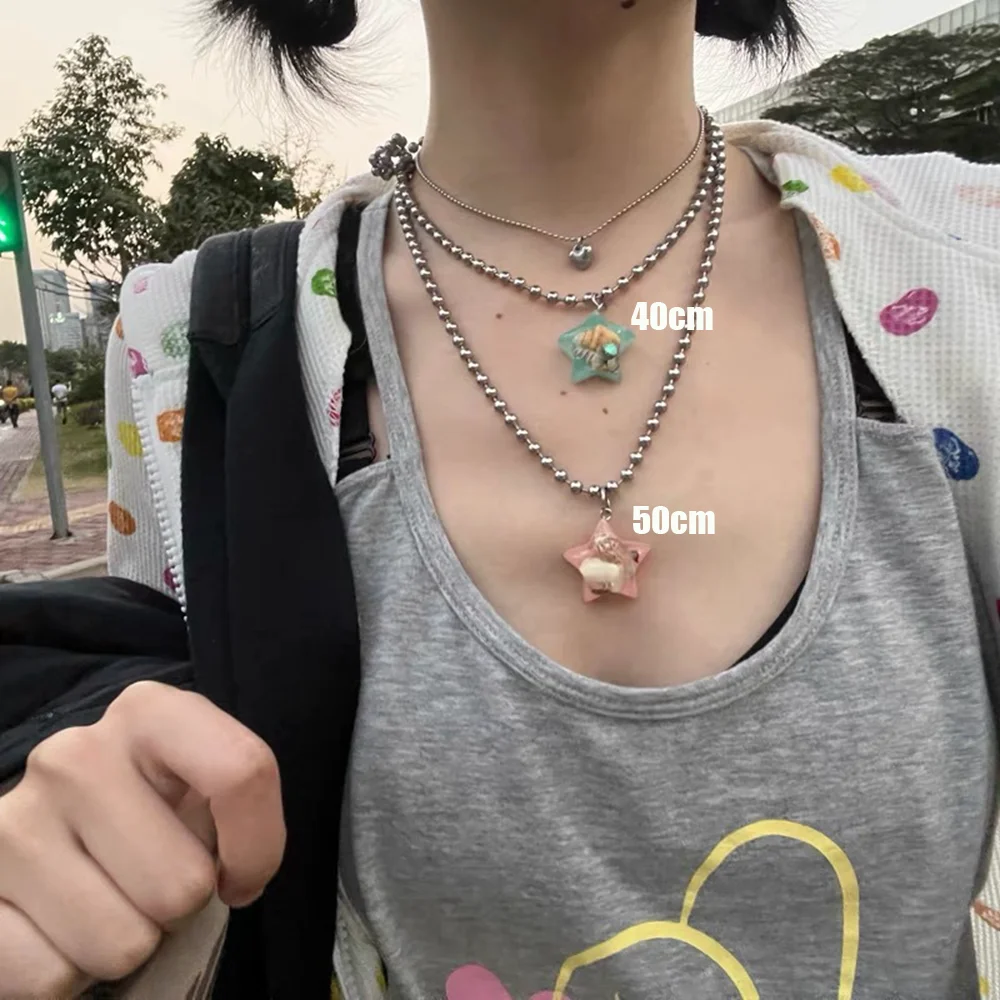 Y2K Pink Blue Jelly Shell Resin Star Ball Chain Pendant Necklace for Women Cute Fashion Punk Sweet Cool Beach Jewelry
