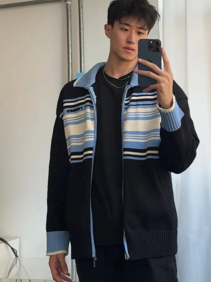 

American Retro Striped Patchwork Open Cardigan Sweater Men's Trendy Lazy Knitted irt Couple's Casual Loose Fit Winter Long ...