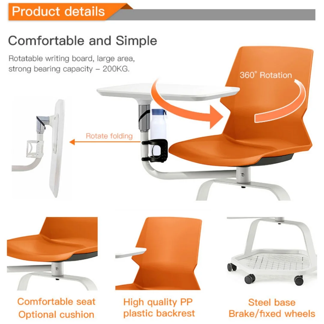 Modern Ergonomic Office School Classroom Training Chairs With Swivel Wheels Writing Pad Home Office Use