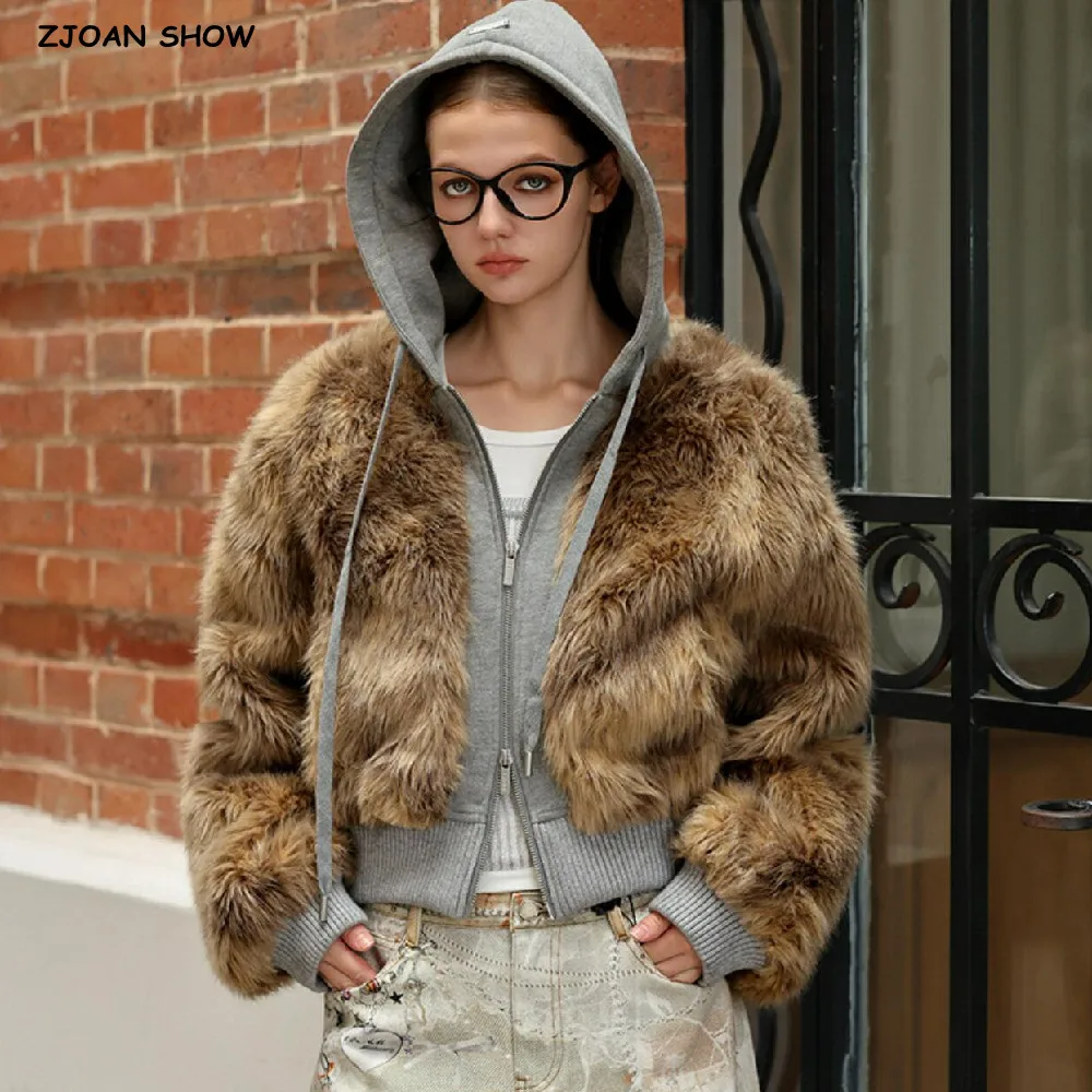 

2025 Winter Harajuku Faux Fur Spliced Jersey Zip up Hooded Sweatshirt Women Long Sleeve Hoodies Casual Jumper Short Sweats